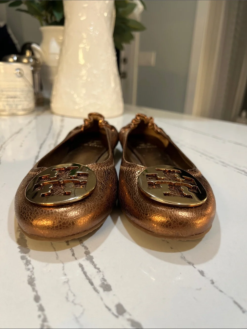 Tory Burch Reva Bronze Metallic Logo Ballet Flats Crackle Leather size 8.5